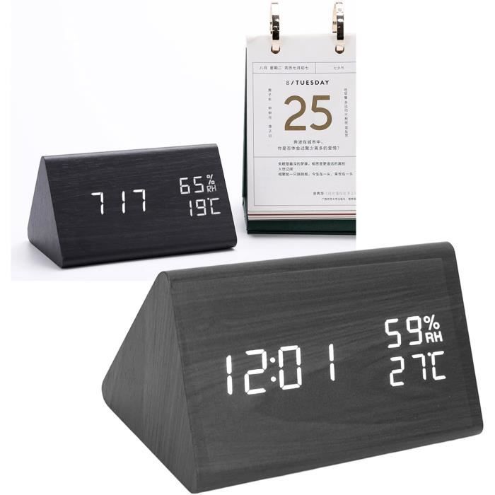Horloge Numérique LED En Bois - Réveil Avec Capteur Température/Humidité - 3 Luminosités - Commande Vocale - Bureau, Chambre