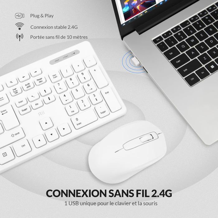 GALENMORO Clavier Souris Sans Fil AZERTY 2.4G Silent Compact Pleine Taille Ergonomique - Blanc Argenté