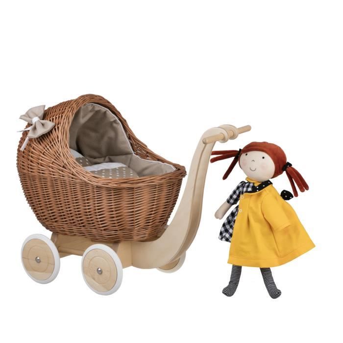 Landau-Poussette pour poupée en osier naturel,poignée et roues en bois avec  tissu beige et blanc - Cdiscount Jeux - Jouets