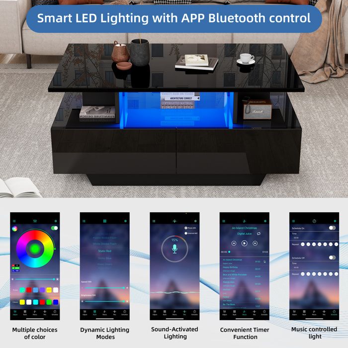 YU YUSING Table Basse LED 60 000 Couleurs Avec 2 Tiroirs - Table Salon Lumineuse Télécommande Et App - Noir