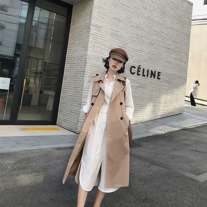 Manteau Gilet femme sans manches couleur unie veste longue de