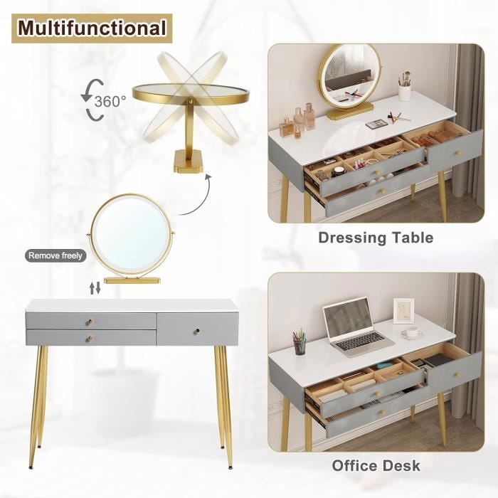 Plateau Coiffeuse Avec Miroir LED, Table De Toilette Extensible Avec Tiroirs, Ensemble De Coiffeuse Avec Chaise, Convient For La Chambre, Le Salon, Le Bureau(Brown,120cm*40cm*76cm