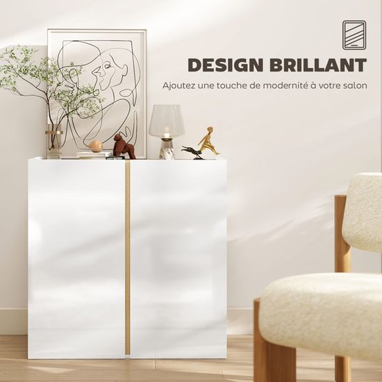 HOMCOM Buffet Blanc Brillant - Meuble Rangement 2 Portes Fermeture Douce 80x40x80 Cm