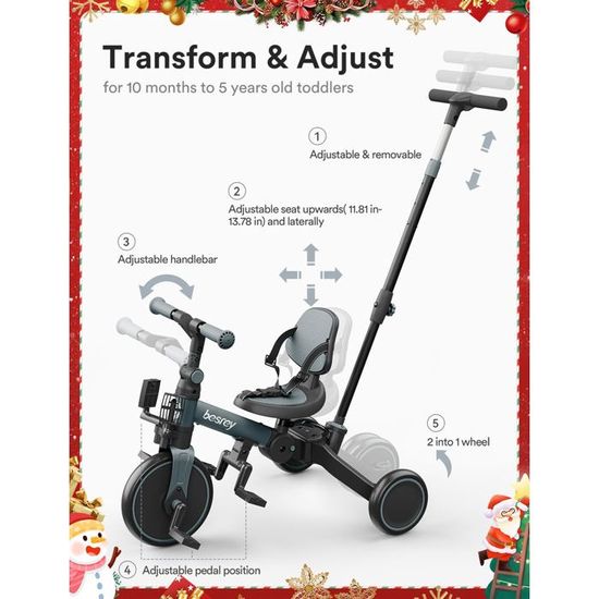 Aosom Tricycle 6-en-1 Pour Tout-Petits De 12-50 Mois, Tricycle Pliable Enfants Avec Si Ge R Glable Et Poign E Pouss E Harnais S Curit Auvent Amovible Repose Pi