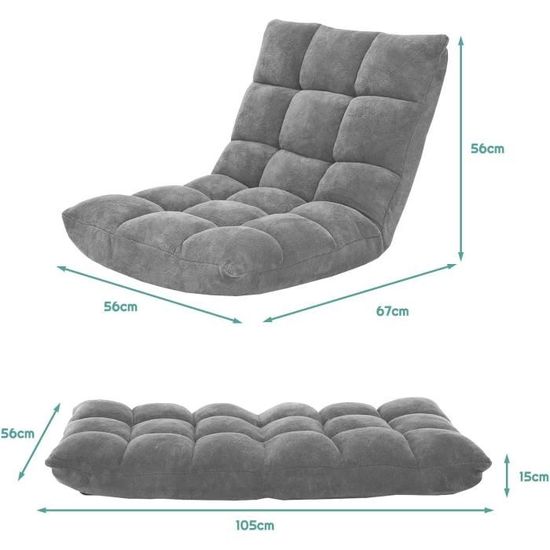 Chaise Paresseuse Rembourrée - Dossier Réglable 90° à 180° - Surface Suède - Pliable Et Sans Montage - Gris - 175x55cm