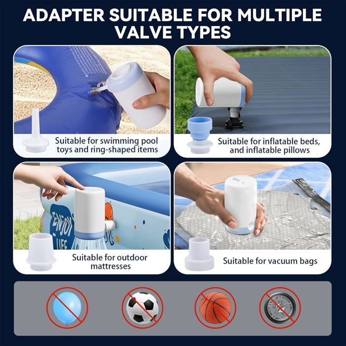 Pompe à Air électrique Portable Rechargeable – USB, 4 Buses, Pour Matelas, Jouets Piscine – Compacte 10.3x9.5x6.5 Cm
