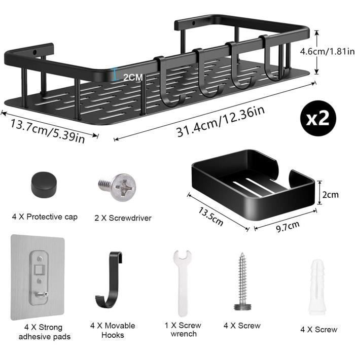 Lot De 3 étagères Murales Salle De Bain Sans Perçage - Aluminium Imperméable - Avec 4 Crochets - Pour Douche, Cuisine, Rangement