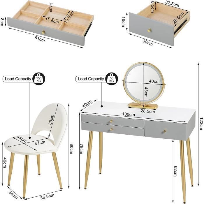 Coiffeuse Avec Miroir LED WOLTU - 3 Tiroirs + Tabouret Velours - Blanc/Doré/Gris - Montage Facile