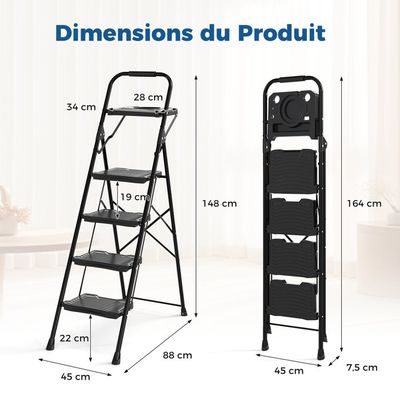 Escabeau Pliable à 3 Marches pour Adultes, Léger , Escabeau Portable pour Maison et Bureau, Noir