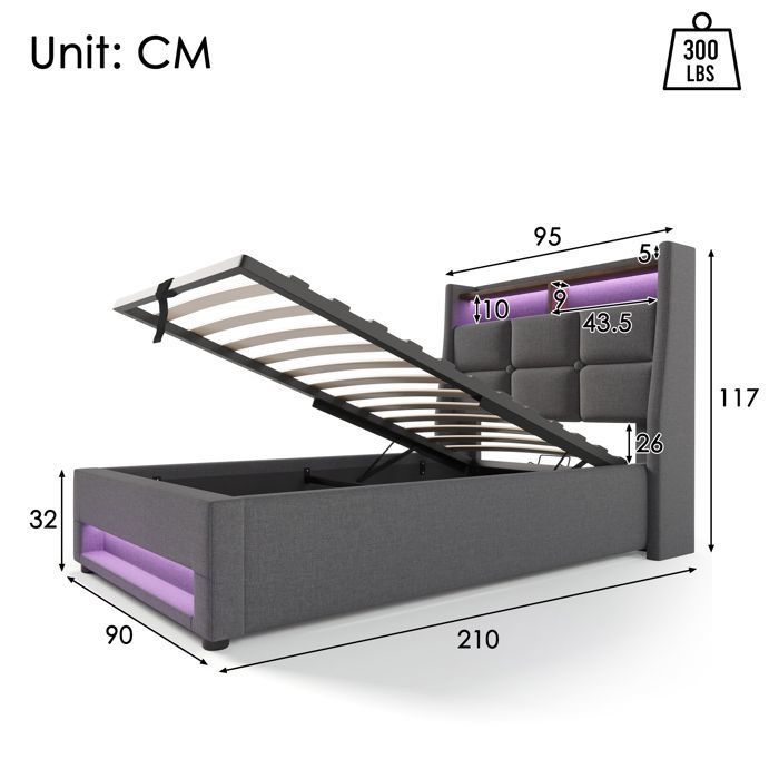 Lit Double 160x200 Cm Avec LED, USB, Rangement Hydraulique Et Tissu En Lin Gris 95818980