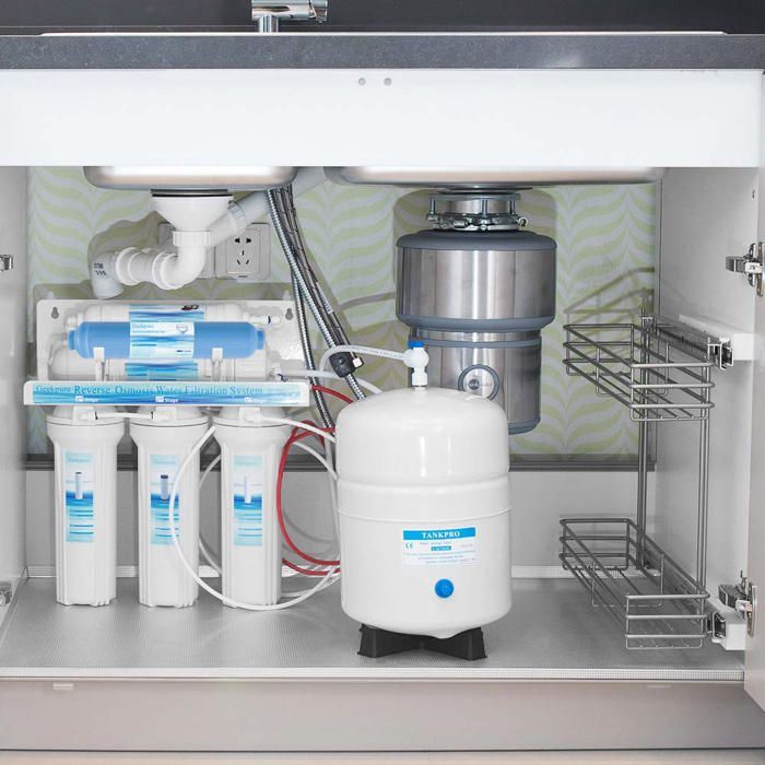 Multi-stage reverse osmosis filtration under a kitchen sink
