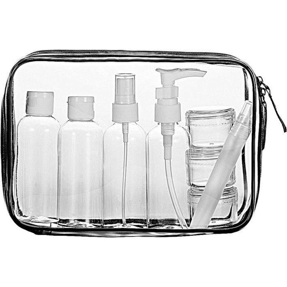Kit Voyage Liquides - Trousse Transparente + 8 Flacons 100ml | Conforme Avion | Sac Toilette Organisé