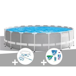 PISCINE Kit piscine tubulaire Intex Prism Frame ronde 6,10 x 1,32 m + Kit d'entretien + Kit de traitement au chlore