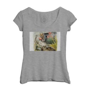 T-SHIRT T-shirt Femme Col Echancré Gris Petter Rabbit Et Le Chat Illustration Enfant Beatrice Potter