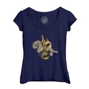 T-SHIRT T-shirt Femme Col Echancré Bleu Serpent Noir Design Moderne Biologie Illustration Ancienne