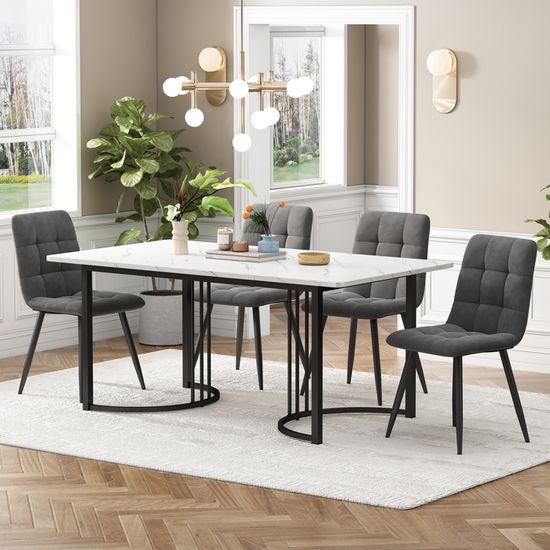 Ensemble Table Et 4 Chaises Hexagonale - Plateau Marbre, Piètement Métal - Chaises Velours Noir - 5 Pièces - 14