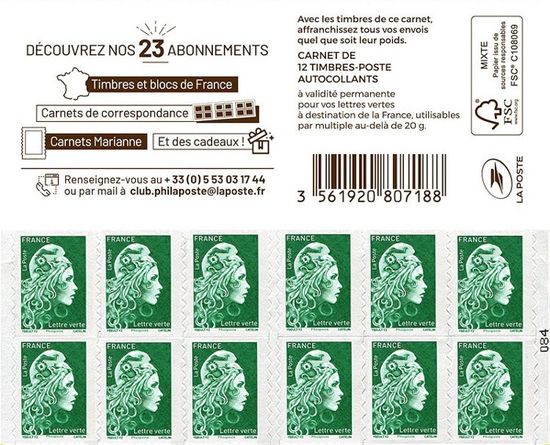 Carnet 12 timbres Marianne de l'avenir - Lettre Verte - Couverture Musée de La Poste - La Poste