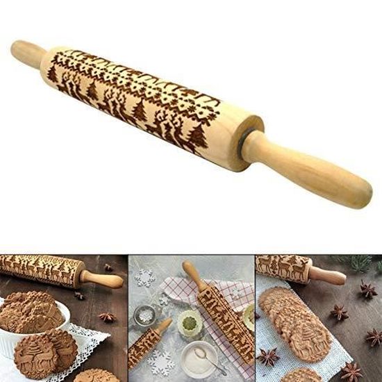 Rouleau à Pâtisserie En Relief Flocon De Neige Noël - Rouleau En Bois Gaufré 35cm