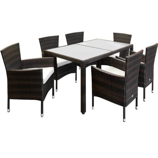 Salon de jardin en polyrotin brun crème Ensemble table et chaises avec coussins Ensemble de jardin 6 personnes