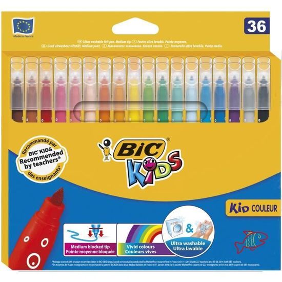 BIC Kids Kid Couleur Feutres de Coloriage à Pointe Moyenne - Couleurs  Assorties, Etui Carton de 36 - Cdiscount Beaux-Arts et Loisirs créatifs