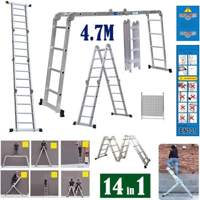 WISS Échelle Télescopique 4.7 m, Escabeau Pliant Multifonction en Aluminium Échelle Extensible Échelons 4 x 4
