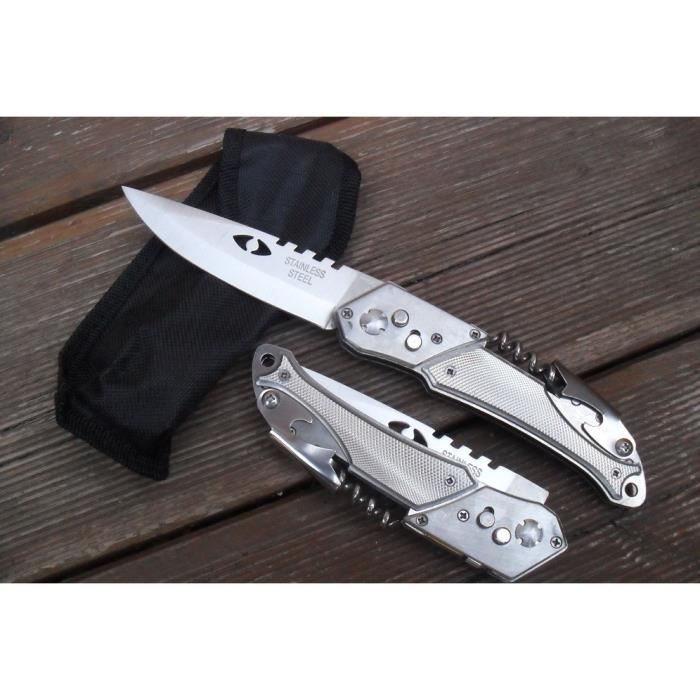 Couteau De Secours Multifonctions Lame Acier 10 Cm Manche Alu Granulé 12 Cm Outdoor
