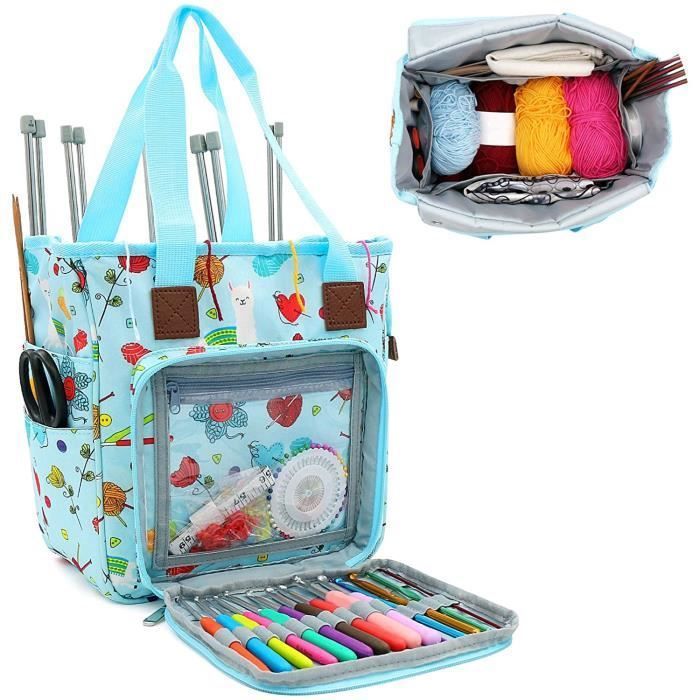 Sac à tricot, sac de voyage pour le rangement de fil avec jolie housse et séparateur intérieur pour le transport de projets, aiguill
