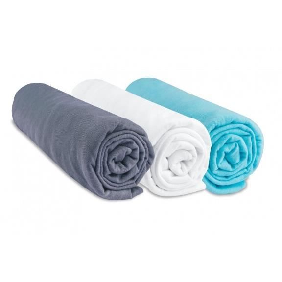 Lot de 3 draps housse coton 40x80/90 gris blanc turquoise