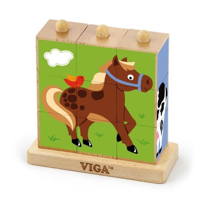 Puzzle cubes en bois jeu logique Animaux de la Ferme bébé enfant 2ans+ 9 pièces - Multicolore.