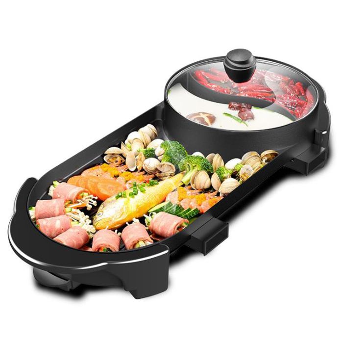 TD® Plaque de cuisson électrique antiadhésive grand poêle de puissance de feu conception plug barbecue cuisson double compartiment