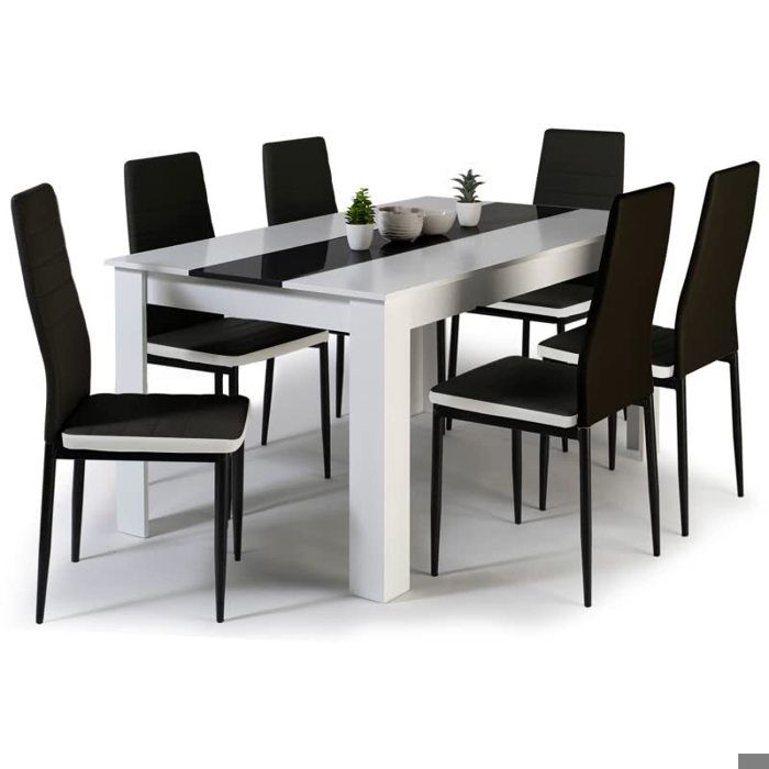 Table à Manger 140 cm Ensemble 6 Chaises Noires liseré Blanc Salon Salle à Manger