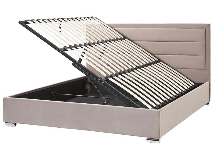 Lit avec coffre en velours taupe 180 x 200 cm ROUEN Lit avec coffre en velours taupe 180 x 200 cm ROUEN