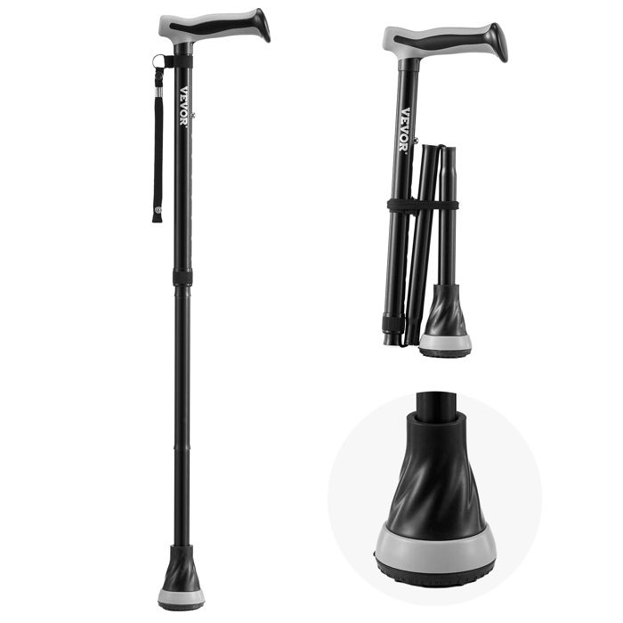 Canne De Marche Pliable Et Réglable – Poignée En T Ergonomique, Aluminium Léger, Pour Seniors, Hommes Et Femmes, Noir