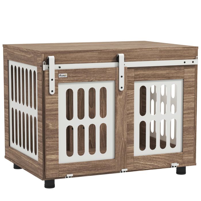 Comparer les prix de Cage pour chien en bois - porte coulissante verrouillable - dim. 80 x 59 x 63 cm - acier beige effet bois noyer