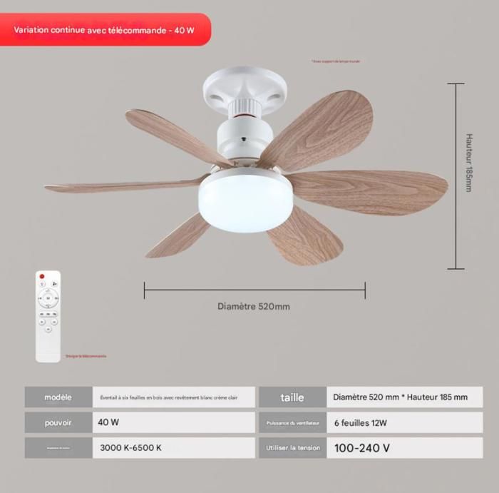 Lampe de ventilateur à six pales 40 W 52 cm pales en grain de bois couvercle blanc laiteux avec support de lampe Lampe de ventilateur à six pales 40 W 52 cm pales en grain de bois couvercle blanc laiteux avec support de lampe