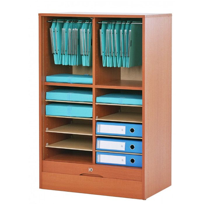 Classeur à Rideau - Merisier - L 70 x l 44 x H 140 cm - 16 Niches - 2 Kits - Fermeture à clé Classeur à Rideau - Merisier - L 70 x l 44 x H 140 cm - 16 Niches - 2 Kits - Fermeture à clé