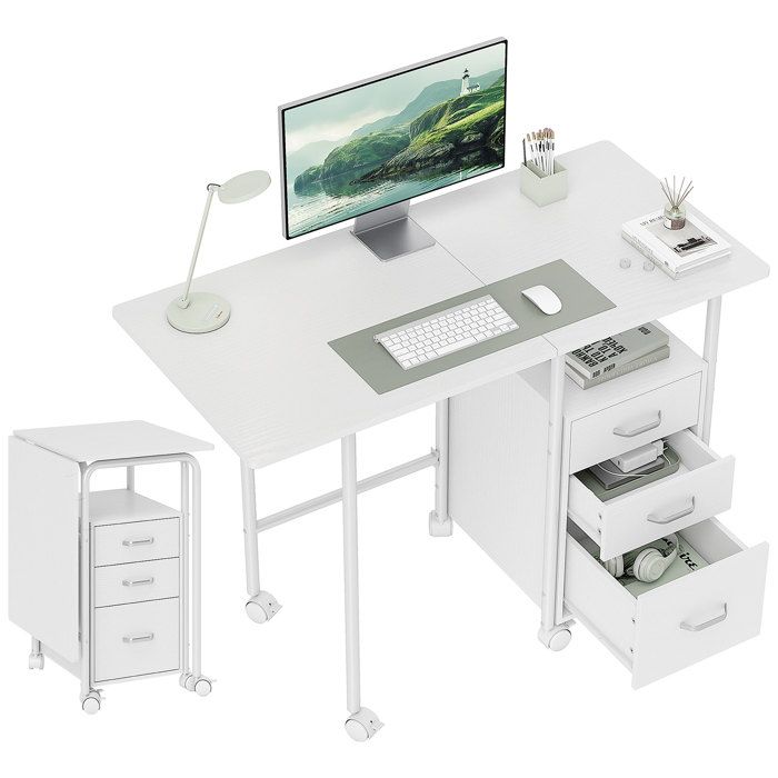 Bureau dordinateur - HOMCOM - pliable - sur roulettes - 3 tiroirs - style moderne - MDF et acier - 105x51x755cm - blanc