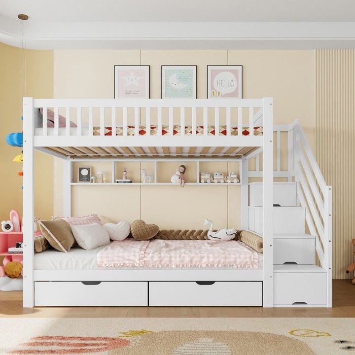 Lit Superposé Lit superposé enfant 90x200 cm blanc avec tiroirs étagère penderie rangement - Espace optimisé -sans Matelas