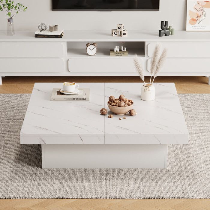 URBAN MEUBLE Table basse carrée moderne blanche effet marbre 4 tiroirs plateau coulissant 90x90x25cm URBAN MEUBLE Table basse carrée moderne blanche effet marbre 4 tiroirs plateau coulissant 90x90x25cm