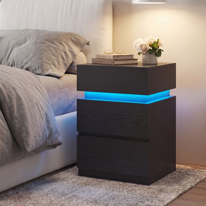 VASAGLE Table de Chevet avec Bande LED Multicolore Réglable 3 Tiroirs Table d’Appoint 35 x 40 x 55 cm Noir Boisé