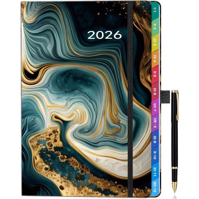 Agenda 2026 A5 Une Page Par Jour – Design Floral Gris Ardoise, Onglets Colorés, Vue Mensuelle & Quotidienne