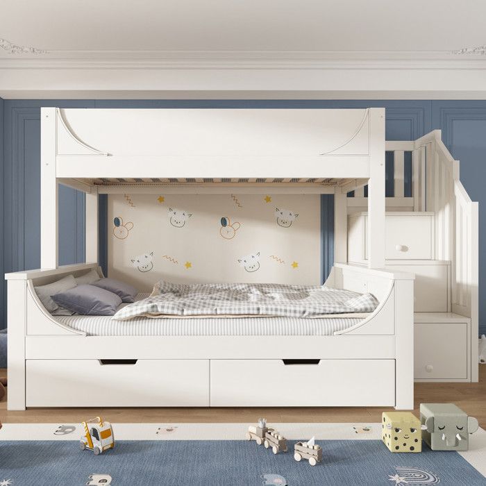 Lit superposé 90/140 x 200 cm pour enfant Lit mezzanine en bois avec armoire étagère tiroirs espace de rangement 2 Lits blanc