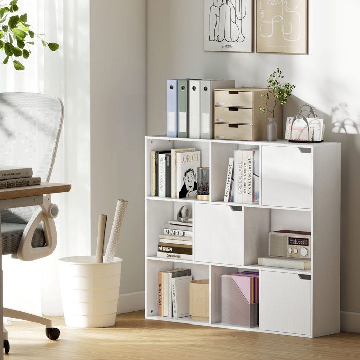 Bibliothèque étagère de rangement 9 cubes avec 3 portes et 6 compartiments ouverts 106 x 24 x 95 cm blanc