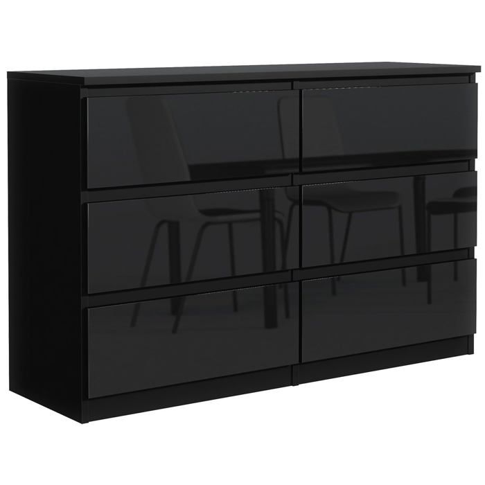 Commode 6 tiroirs - Meblocker - Noir Brillant 120 cm - Meuble de Rangement Spacieux - Salon Bureau chambre à couche & enfant