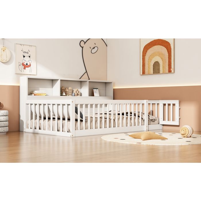 Lit banquette enfant 90 x 200 cm EVRYAE avec sommier à lattes rangements et barrières de sécurité blanc
