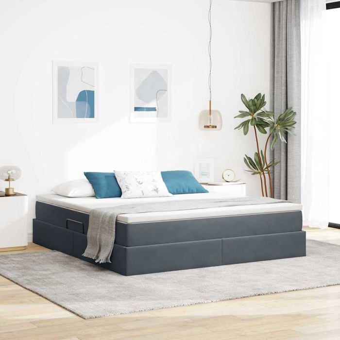 Lit avec rangement et matelas - vidaXL - Gris foncé - 160x200 cm - Velours - Cadre métallique - Rangement spacieux