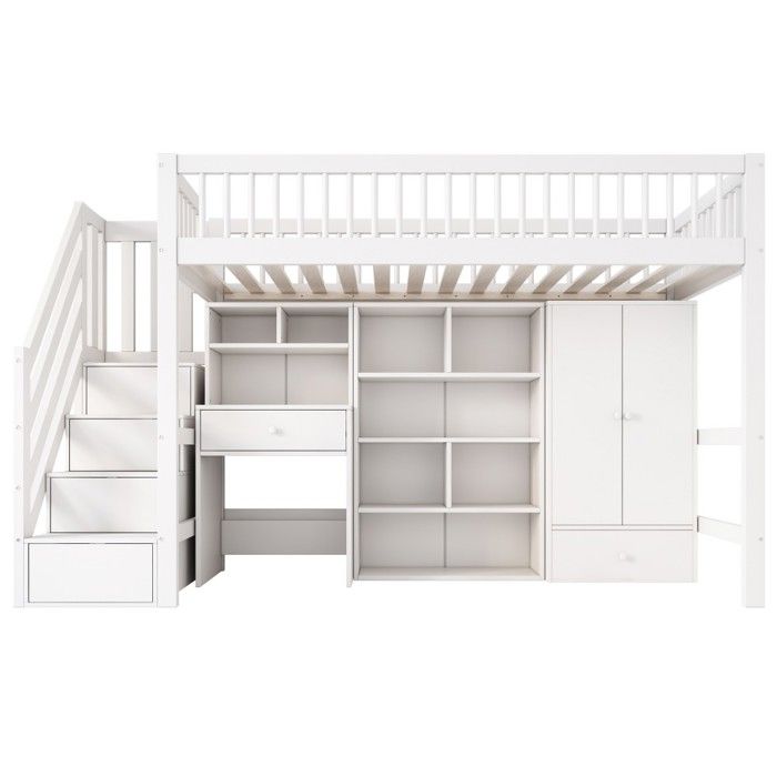 Lit Mezzanine Lit enfant 90x200 multifonctionnel avec bureau escalier casiers et armoire en bois massif et MDF blanc Sans Matelas Lit Mezzanine Lit enfant 90x200 multifonctionnel avec bureau escalier casiers et armoire en bois massif et MDF blanc Sans Matelas