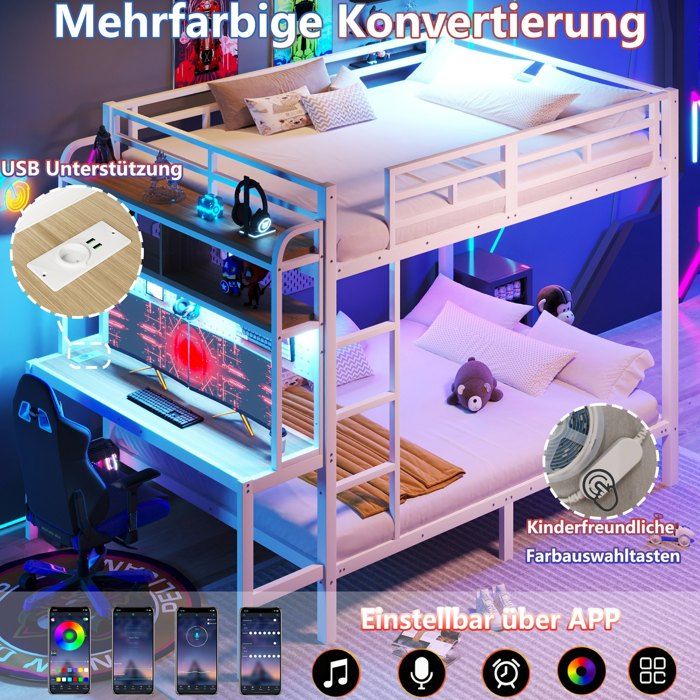 Lit superposé 4 places 140x200cm avec bureau et bande LED Lit enfant avec compartiment de rangement port USB cadre fer Blanc