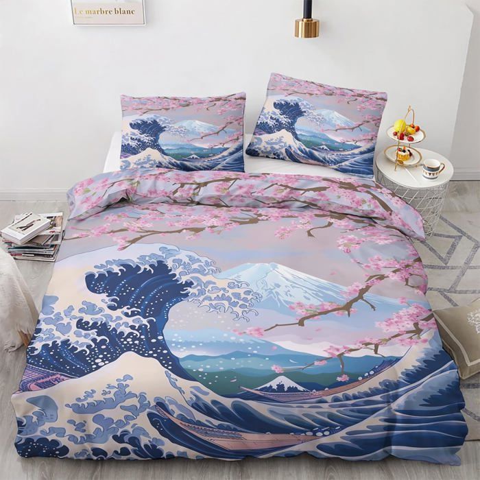 Vague Japonaise Housse de Couette 140x200 - Parure de Lit 1 Personne Fleur de Cerisier Kanagawa - 1 Taies doreiller 65x65 cm
