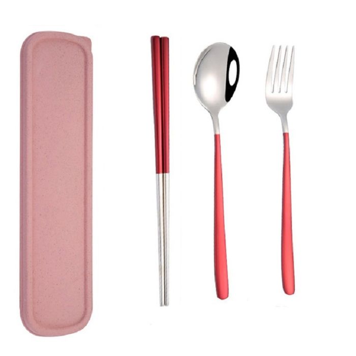 Ensemble vaisselle portable - MLBQ - 3 pièces - Acier inoxydable 304 - Rouge - Baguettes 21 cm - Cuillère 205 cm